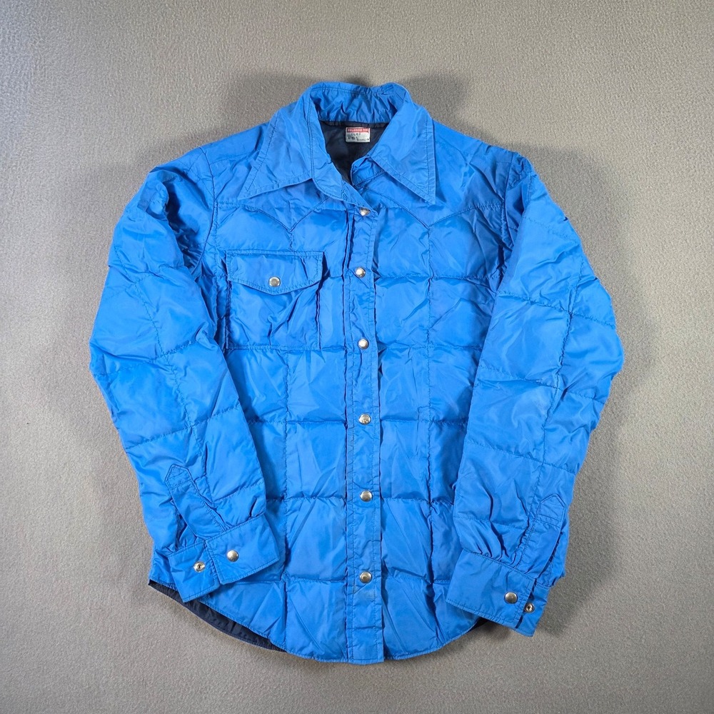 Vintage Puffer Jacket Womens Small Blue Quilted Down Insulated Snap Ski Shirt